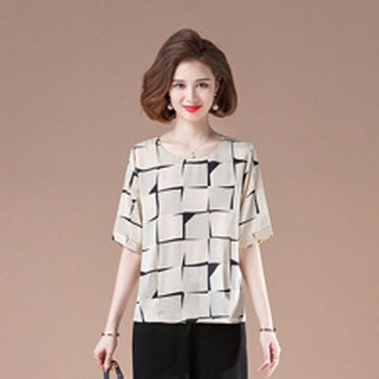 

Summer Silk Short-Sleeve Shirt for Middle-Aged Women - Plus Size Available 3XL (120-135 lbs) бежевый