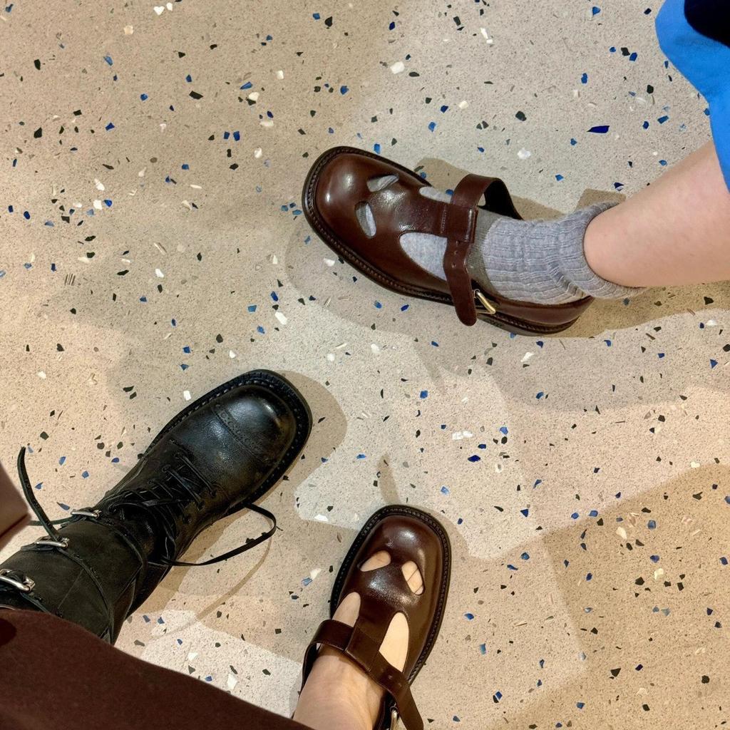 Cowhide Version~ British Style Hollow Leather Platform Small Leather Shoes Women's Spring Big Head Loafers Mary Jane Single Shoes Leather Shoes