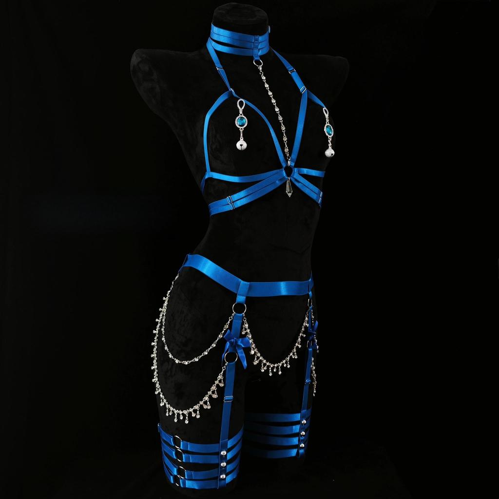 Blue Satin Body Harness with Rhinestone Chains Nipple Clamps Full Set Adjustable Lingerie Harness for Women Intimate Wear Sextoy