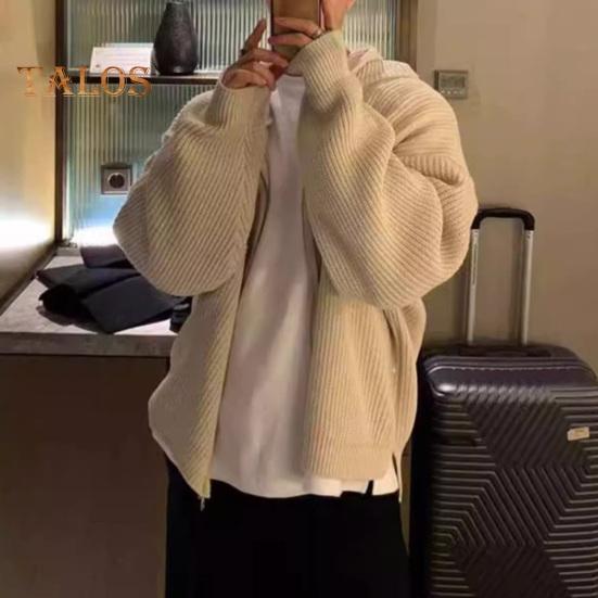 Herren Herbst Winter Pullover Mantel Mit Kapuze Kordelzug Lockerer Reißverschluss Lange Ärmel Kordelzug Mittellange Einfarbige Retro Strickjacke