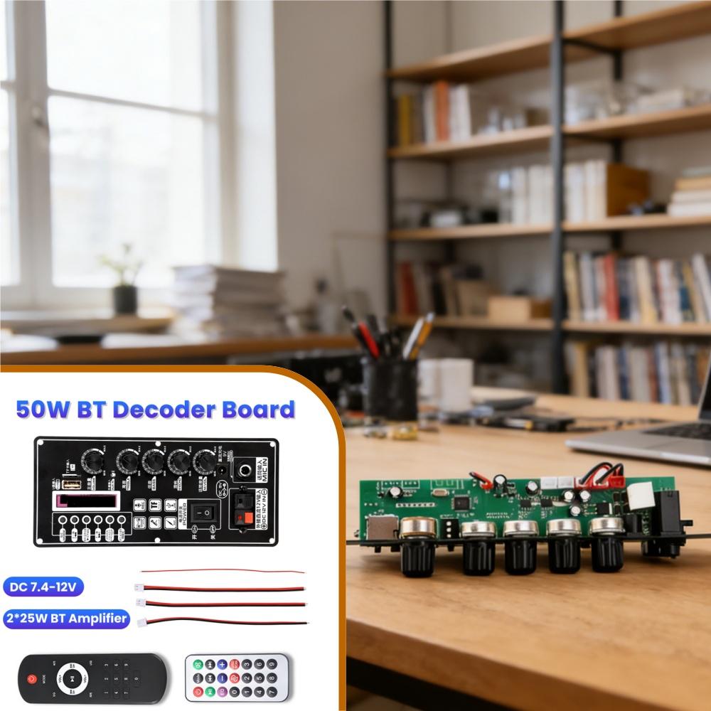 2*25W Bluetooth 5.3 Amplifier Board DC 7.4-12V MP3 Decoder FM 87.5-107.5MHz Power Off Memory for Trolley & Handheld Speaker