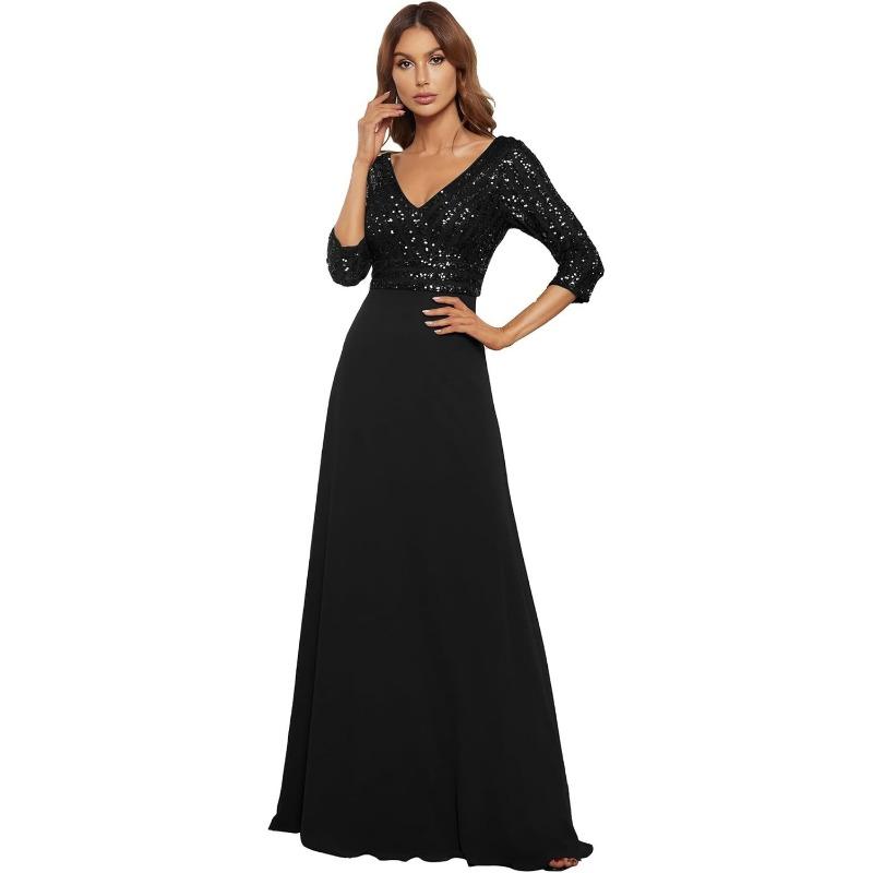 Abito da sera da donna in chiffon con scollo a V profondo, manica lunga, linea ad A, patchwork di paillettes