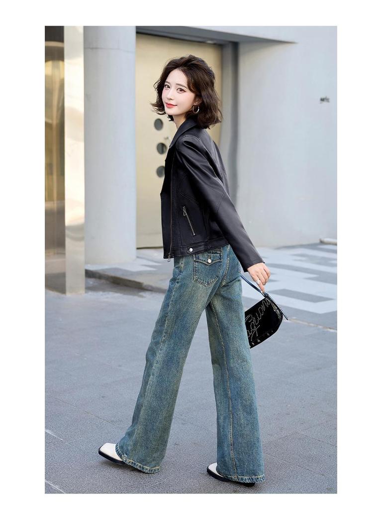 Women's Trendy Loose-Fit Sheepskin Leather Jacket - Hong Kong & Korean Style, Short & Casual, Small Size.