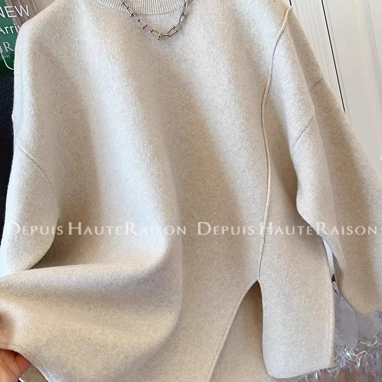 2025 Autumn/Winter Plus-Size High-End Lazy Style Casual Slit Knit Top for Women