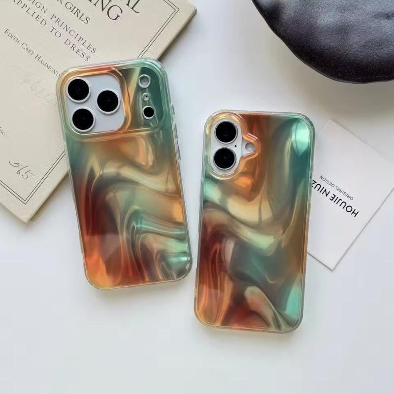 Fashion Simple Orange Green Color Smudging Silk Satin Texture Glossy Phone Case Suitable for iPhone 17 Pro 16 15 14 13 Pro Max