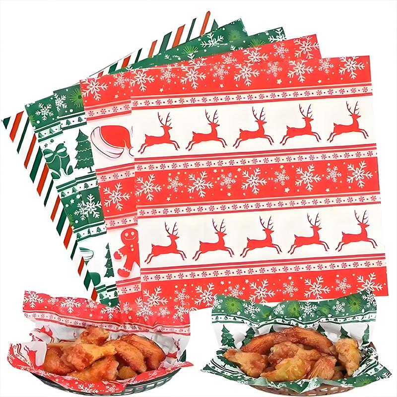 100PCS Christmas Food Parchment Paper Greaseproof Paper Holiday Burger Wrapping Sheets Festive Sandwich Packaging Paper 30x30cm