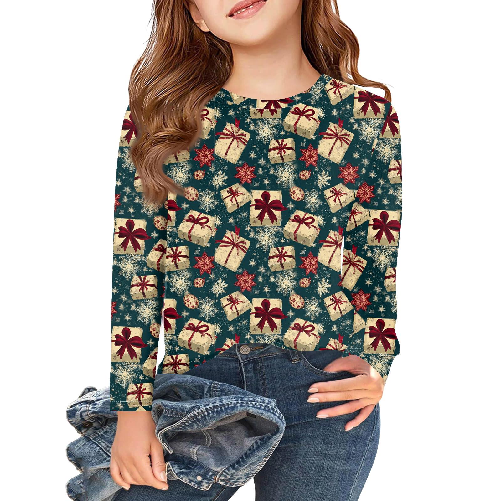 

Рождественские футболки с длинным рукавом для девочек, детские осенние топы с круглым вырезом и принтом, базовые футболки 120