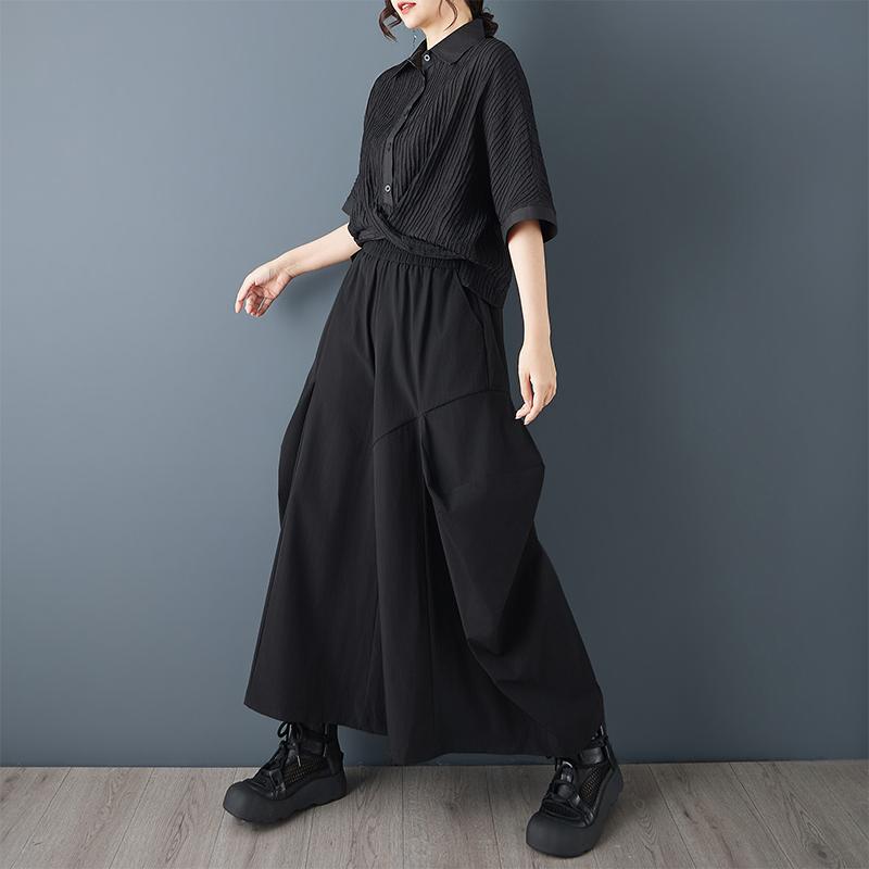 Plus size Vintage black high Waist Casual loose long Summer wide leg Pants Women Trousers