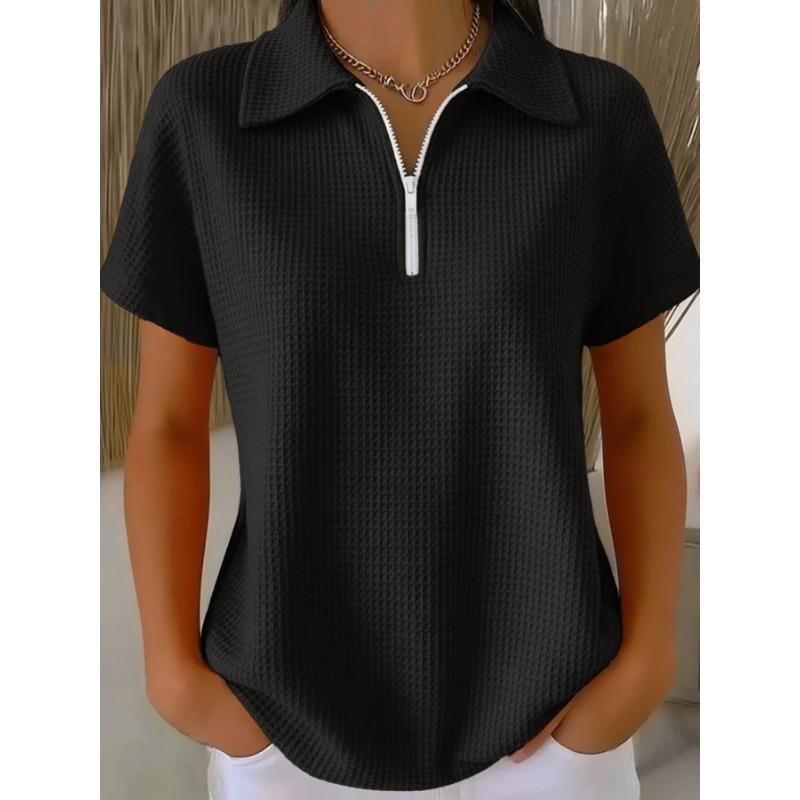 Damen Orange Waffelstrick Poloshirt Halber Reißverschluss Kurze Ärmel Lässige Bluse