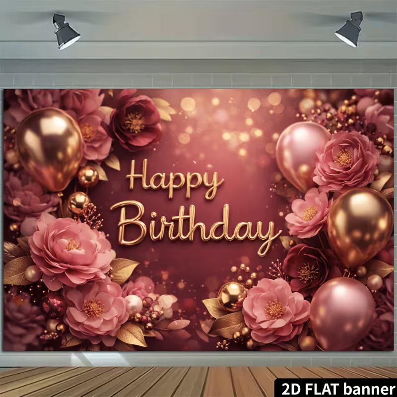2D Floral Rose Gold Happy Birthday Backdrop Banner for Birthday Party Photography Decoration