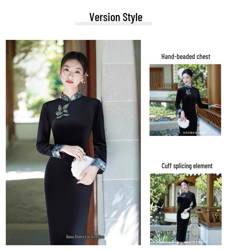 2025 Autumn Velvet Handmade Beaded Long Sleeve Retro Qipao - New Chinese Style
