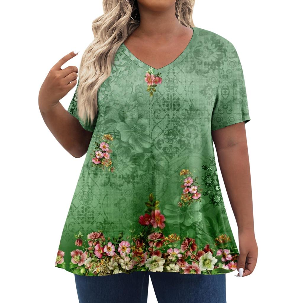 Womens Plus Size Tops Shorts Sleeve Shirts V Neck Casual Clothing Clothes Printed Tops