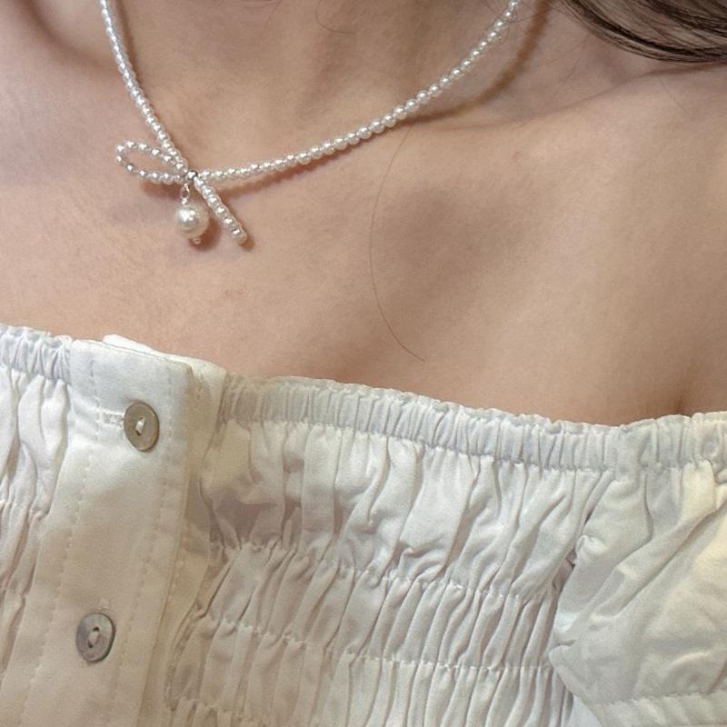Light Luxury High-End Bow Pearl Pendant Necklace Female Elegance Personality Fashion Temperament Versatile Neck Chain Collarbone Chain
