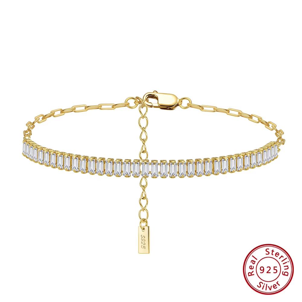 ORSA JEWELS Solid Silver Tennis Bracelet Emerald Cut CZ with PaperClip Chain Cubic Zircon Bracelet Elegant Shiny Female SB215