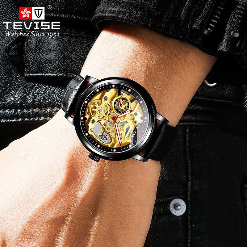 TEVISE Uhr Herren Hollow Fashion Leder Herrenuhr Im Dunkeln leuchtende automatische mechanische Uhr