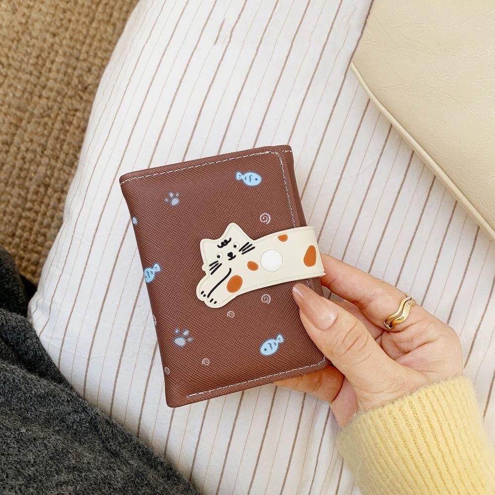 Card Pouch Portable Cat Printed Wallet PU Leather Cute Short Leather Purse Fashion Multiple Card Cat Patterned Card Bag Student
