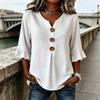 Women Shirt Stand-Up Collar V-Neck Buttons Decor Half Sleeve Ruffle Cuffs Pullover Tops Pure Color Loose Fit Summer Tops