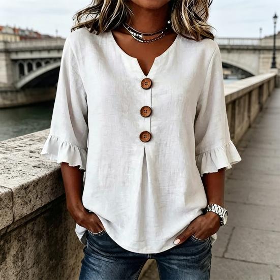 Women Shirt Stand-Up Collar V-Neck Buttons Decor Half Sleeve Ruffle Cuffs Pullover Tops Pure Color Loose Fit Summer Tops