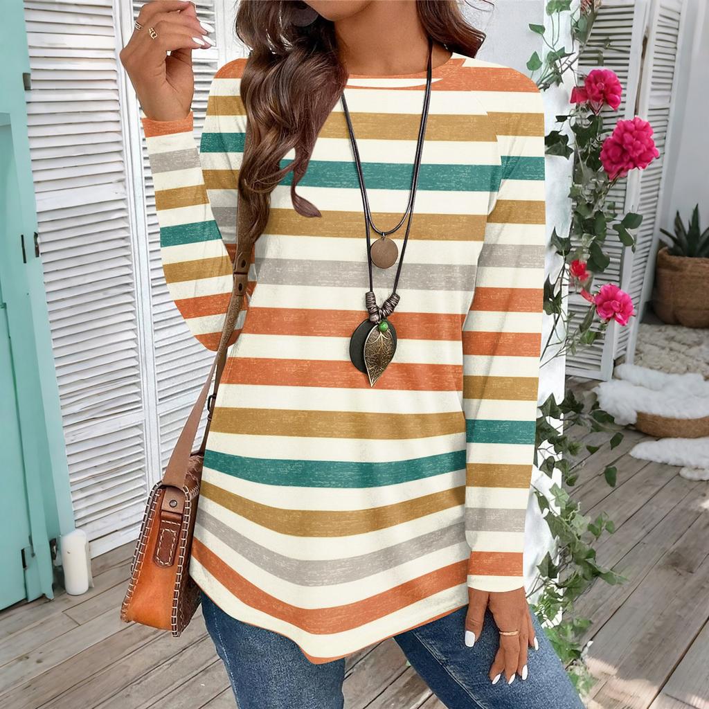 Women's Casual Plus SizeLong Sleeved Round Neck Vintage Ethnic Printing T-shirt Top Pullover