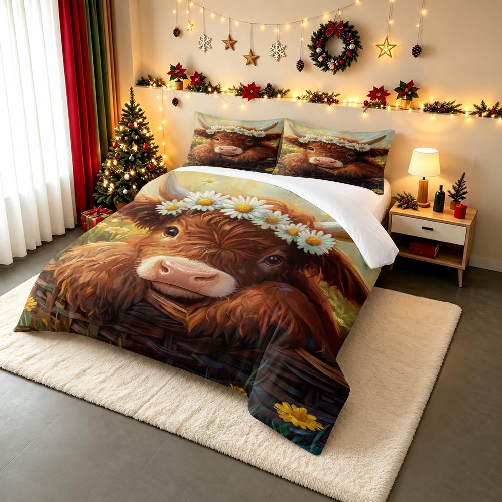Cute Highland Cow with Daisy Flowers Bedding set (1 duvet cover, 2 pillowcases, duvet not included).