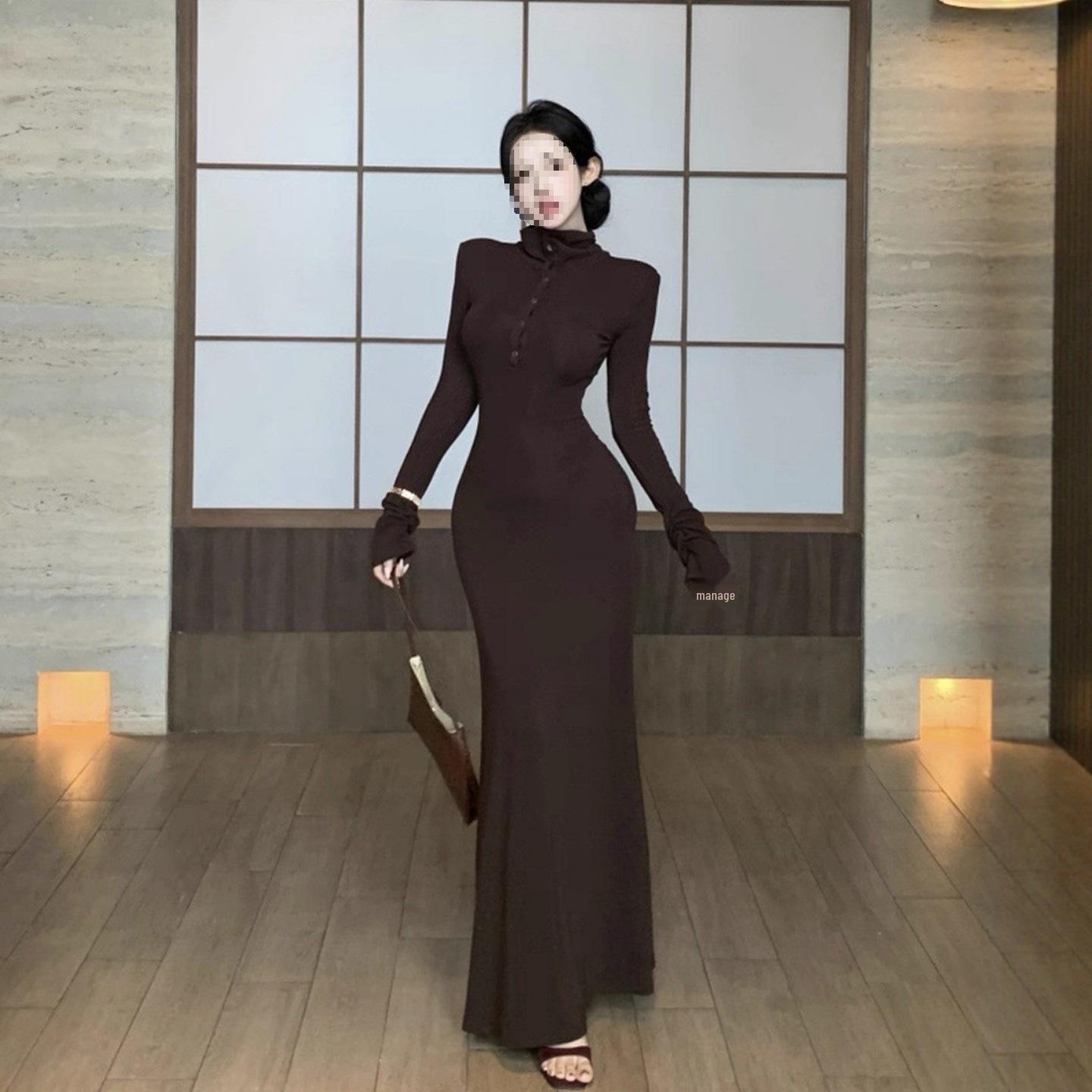 

Women s French Style Long Sleeve Button-Up Dress, Spring/Autumn, Slim Waist-Cinched, Hip-Hugging, Half-High Collar. M кофейный