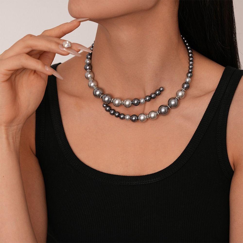 Retro Clavicle Chain Grey Choker Europe America Style Glass Pearl Openning Necklace  Birthday