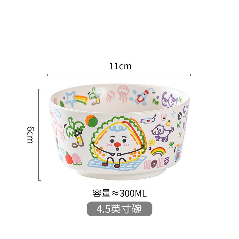Children's cartoon graffiti cute ceramic bowl girl heart rice bowl with lid cup hat bowl set