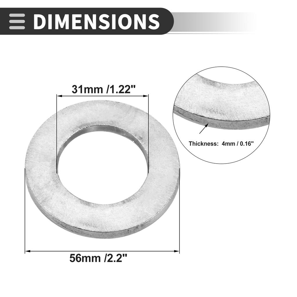 Motoforti Universal Flat Washers, 31mm Inner Diameter, 56mm Outer Diameter, 4mm Thick, Durable Stainless Steel, Silver Tone, 10-Pack