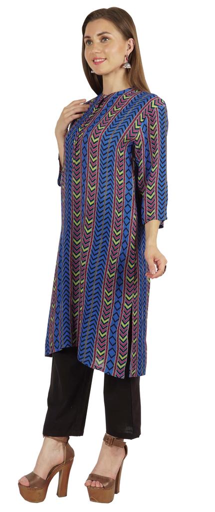 Moomaya Printed Womens Kurti 3 4 Sleeve Mandarin Collar Straight Kurta Soft Summer