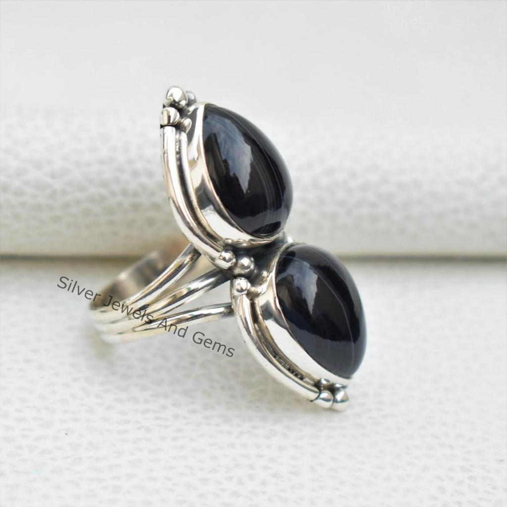 Natural Black Banded Agate Ring, 925 Sterling Silver Ring, Teardrop Black Gemstone Ring, Gift for her, Multi Stone Ring, Handmade Ring