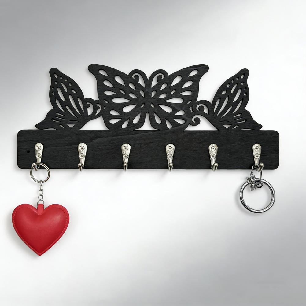 Metal Wall Hook Coat Hook Wall Mount with 6 Metal Hooks Nail-free Key Holder Rack Butterfly Hollow Design Storage for Bags