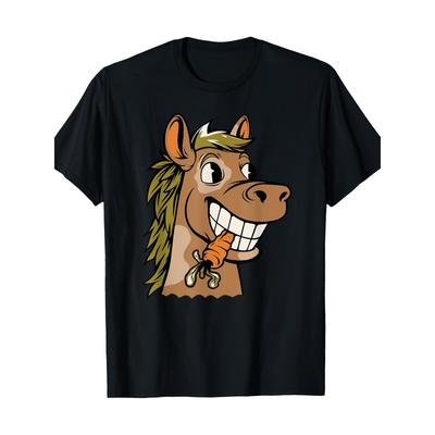 Funny Horse with Carrot Graphic T-Shirt - Black Casual Short Sleeve Tee for Men & Women, Cotton 220gsm, Regular Fit Round Neck, All-Season Comfort,