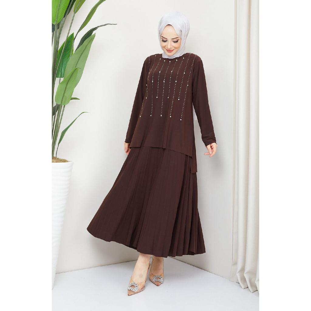 Women's Black Sandy Front Stone Embroidered Blouse Skirt Pleated Double Hijab Skirt Set