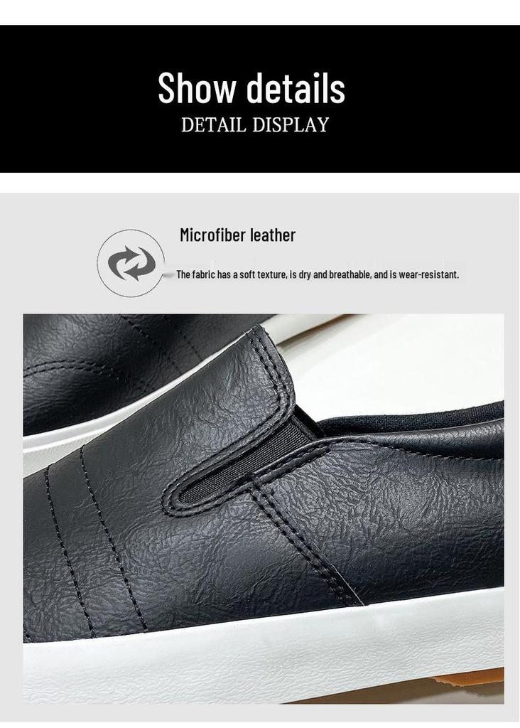 Men's White Casual Slip-On Leather Shoes – Elastic, Low-Top, Lightweight Rubber Flats for All Seasons.