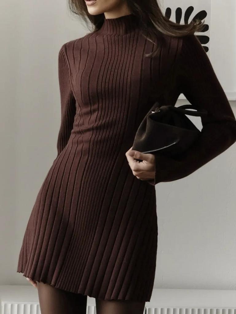 New Long Sleeve Bodycon Knit Dress with High Neck, Solid Color, Elegant