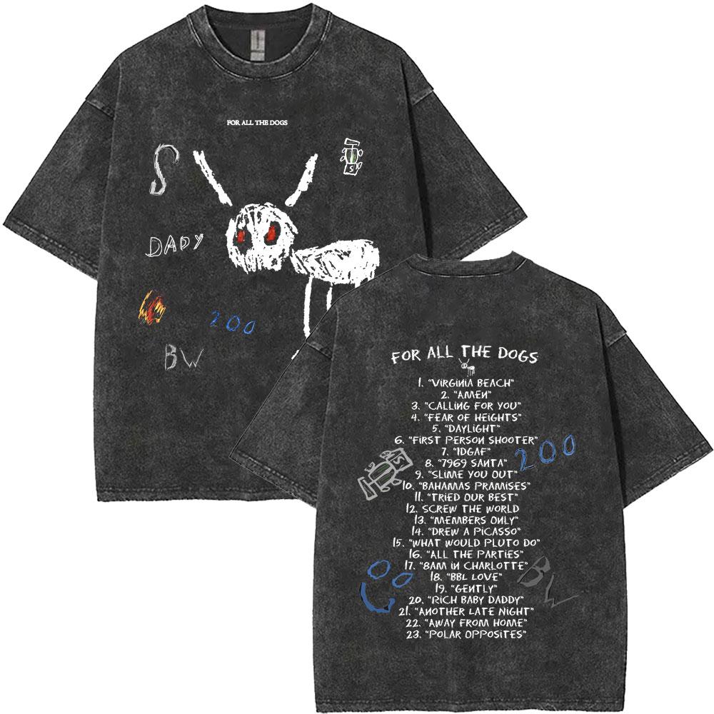 Washed Vintage Rapper Drake for All The Dogs Tshirt Men Women Hip Hop Fashion Pop Music T Shirt Cotton Short Sleeve Tshirt