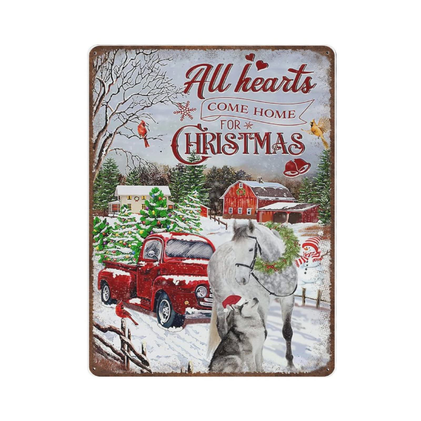 Vintage Thick Metal Tin SignAll Hearts Come Home for Christmas Red Truck Sign Novelty PostersHome Decor Wall ArtFunny Signs 20x30cm(7.8x11.8inch)