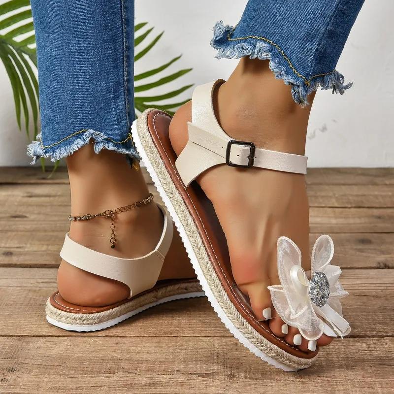 Fashion 2024 Hot Sale Shoes Female Open Toe Women's Sandals Summer Rhinestones Bow Tie Buckle Solid Flat Casual Beach Large Size Sandals