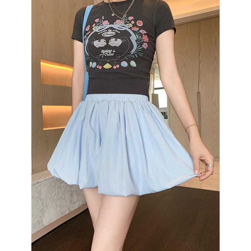Red Petite Puffy Short Skirt: Spring/Summer Floral Puff Skirt with Pumpkin Pants Style
