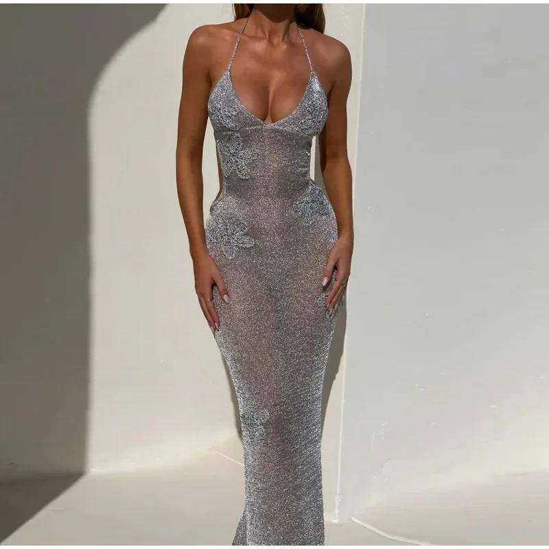 Flash Yarn Hook Flower Patch Dress Sexy Pure Desire Slim Halter Backless Sleeveless See Through Party Dresses Summer Lady Robes