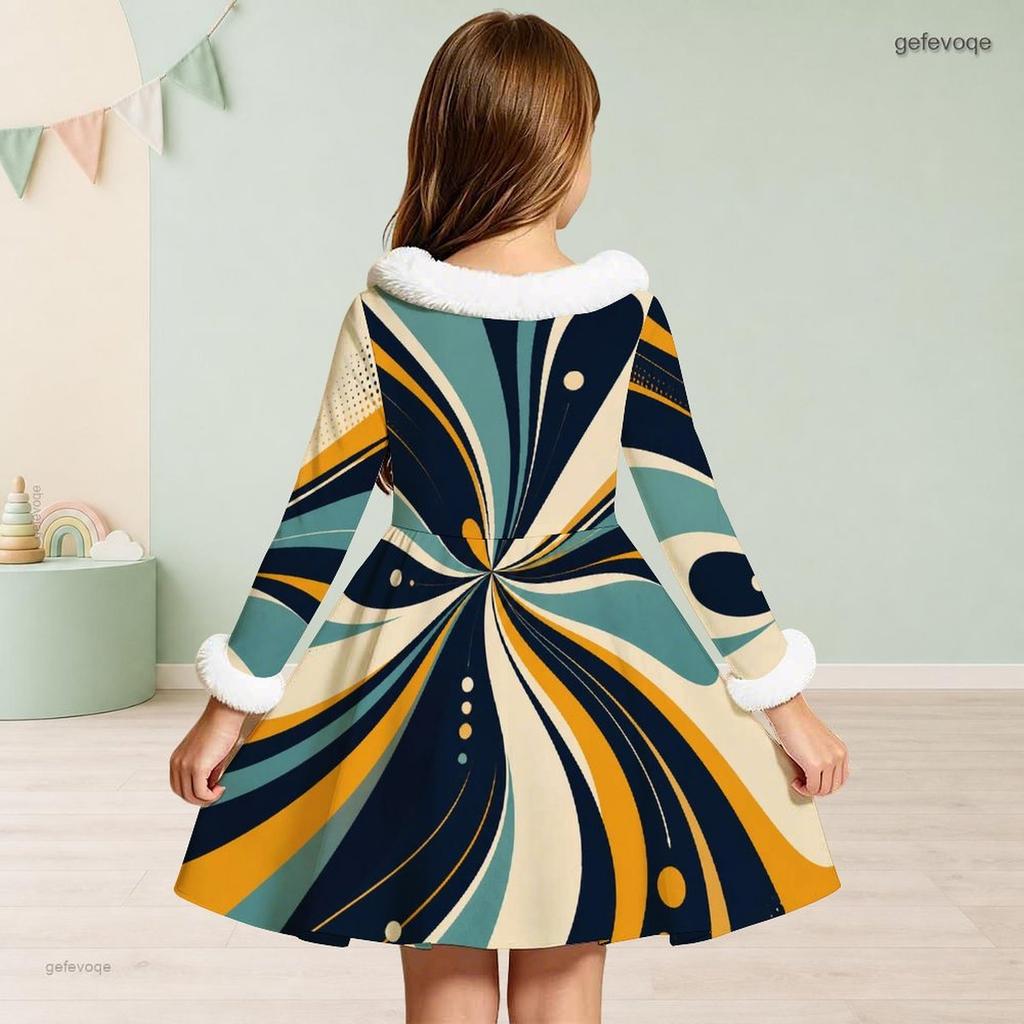 Meisjes Jurk met Hoge Hals, Lange Mouwen, Geprint Patchwork, A-lijn, Uitlopend, met Bontrand