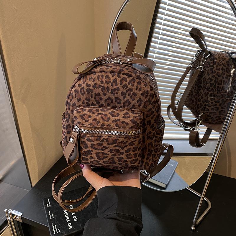Leopard print backpack female fashion student class schoolbag street trend light travel small backpack