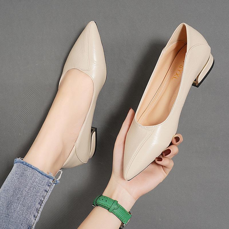 

High heels women s thick heels small leather shoes new shallow mouth pointed single shoes gentle shoes work 35