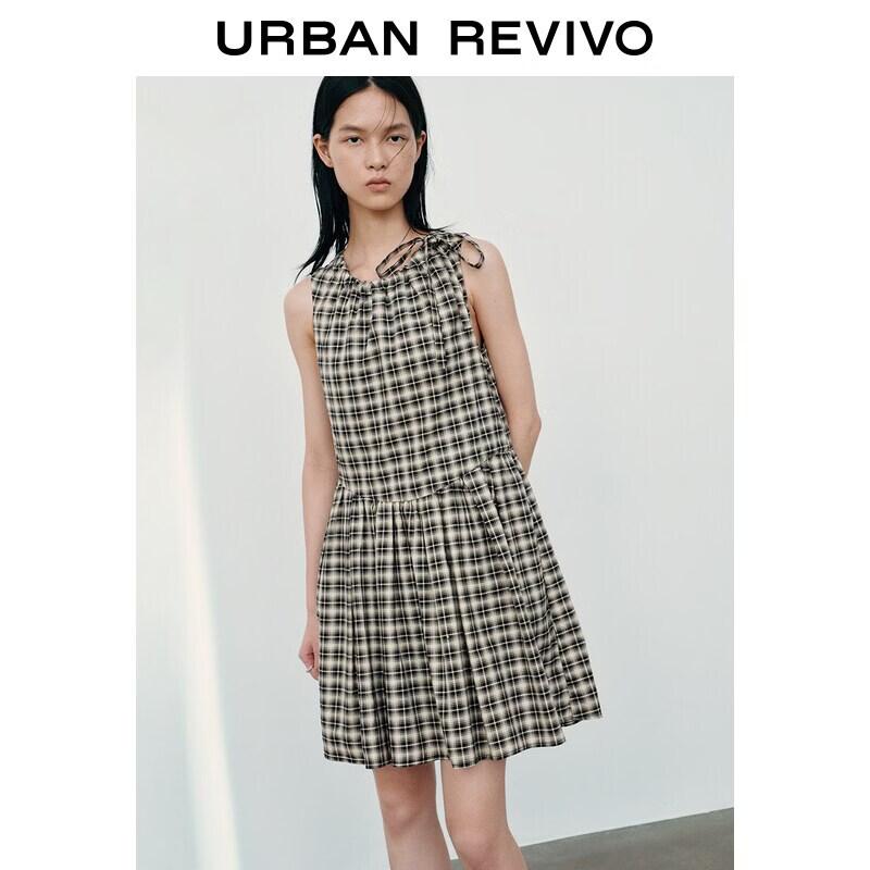 UR Women s Retro Plaid Pleated Tie Dress M