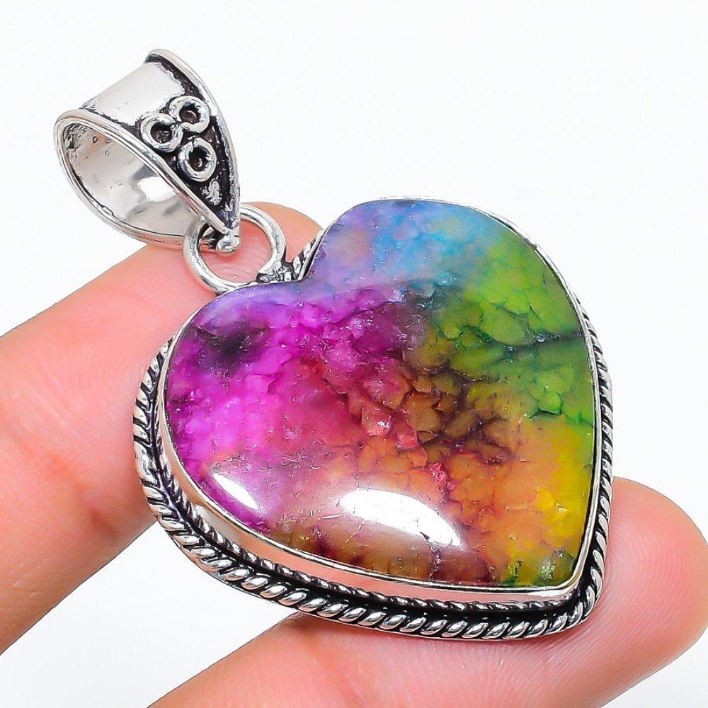 Rainbow Solar Quartz Gemstone Handmade 925 Sterling Silver Pendant 1.89" V1H51
