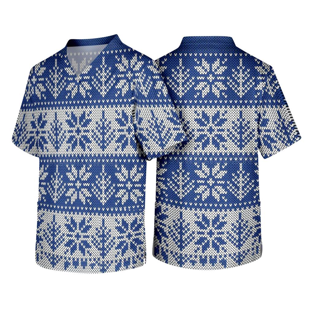 Men's Christmas Theme Caregiver Uniform, Holiday Scrub Top for Nurses and Workers