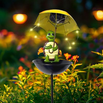Solar Birds Feeder Frog Garden Figurine with Lighted Umbrella Outdoor Tortoise Solar Light Hummingbird Feeder with Stake for Yard Art Lawn Decoration
