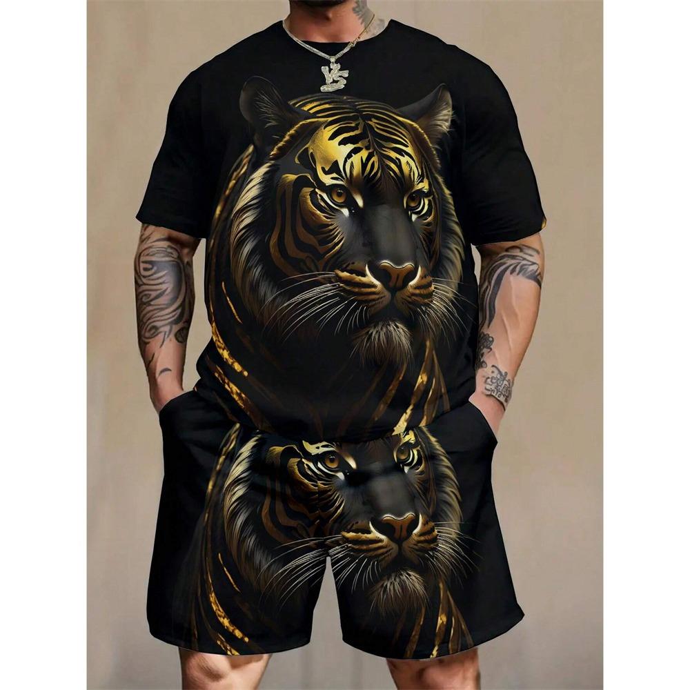 2024 New Crew Neck Short Sleeve T-shirt Fashion Shorts Set 3D Lion Print Short Sleeve Shorts 2-piece Men's Summer Sports Set