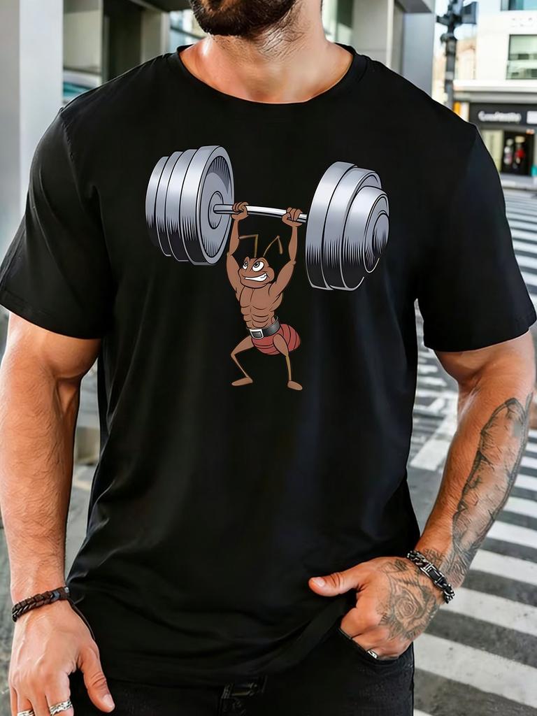 Power Ant Weightlifting Barbell Cartoon Print Unisexs Crew Neck Short Sleeve Cotton T Shirt Fitness Loose Casual Male Daily Gym Top