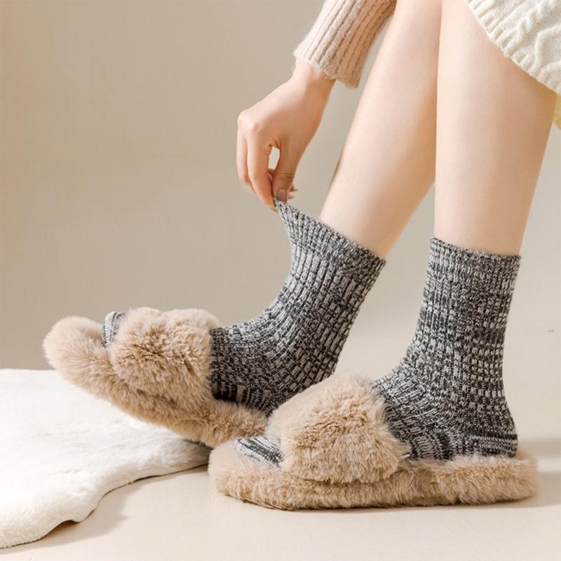 Womens Winter Faux Wool Ribbed Knit Crew Socks Thick Warm Thermal Casual Floor Slipper Socks Hosiery for Cold Weather